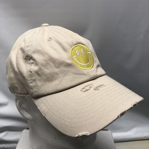 Distressed Smiley Face Dad Hat Tan Embroidered Baseball Cap Happy Face Kbethos - Picture 2 of 11